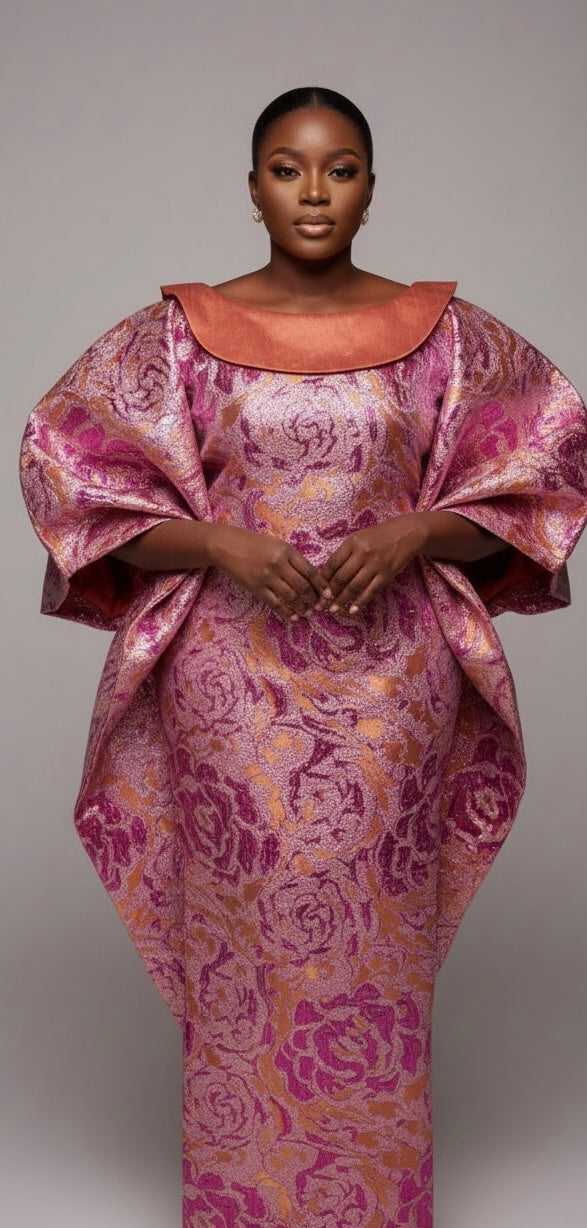 3-Piece Women's Boubou Set – Boubou + Inner Dress + Scarf | Luxury Brocade Lemah | Rose Orange