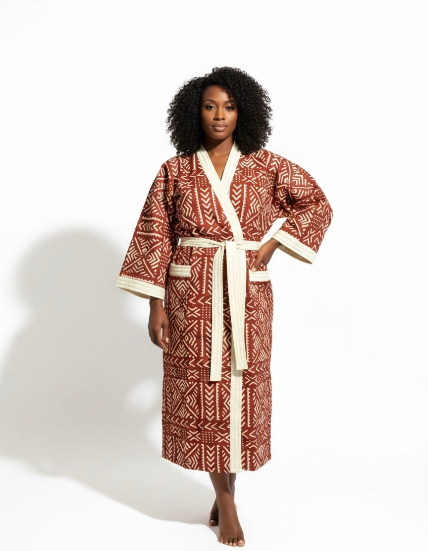 Peignoir mixte Lemah – Rouge & Beige (peignoir & pantoufles)