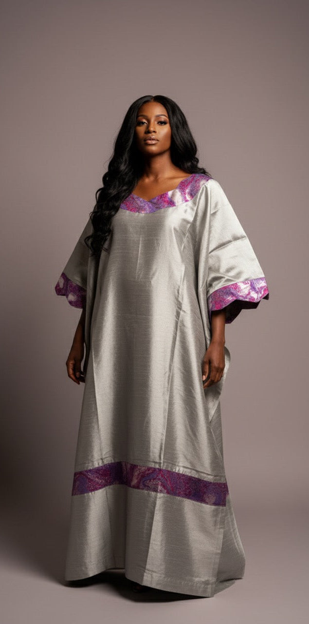 Boubou 3 Pièces Femme – Boubou + Robe Intérieure + Foulard | Brocade | Chantoum Luxe Lemah | Gris