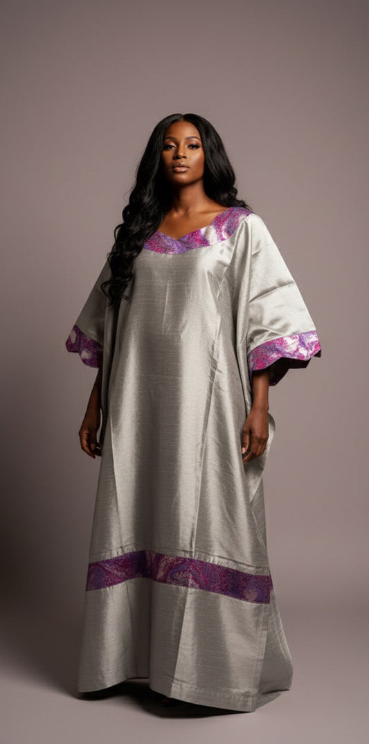 Boubou 3 Pièces Femme – Boubou + Robe Intérieure + Foulard | Brocade | Chantoum Luxe Lemah | Gris
