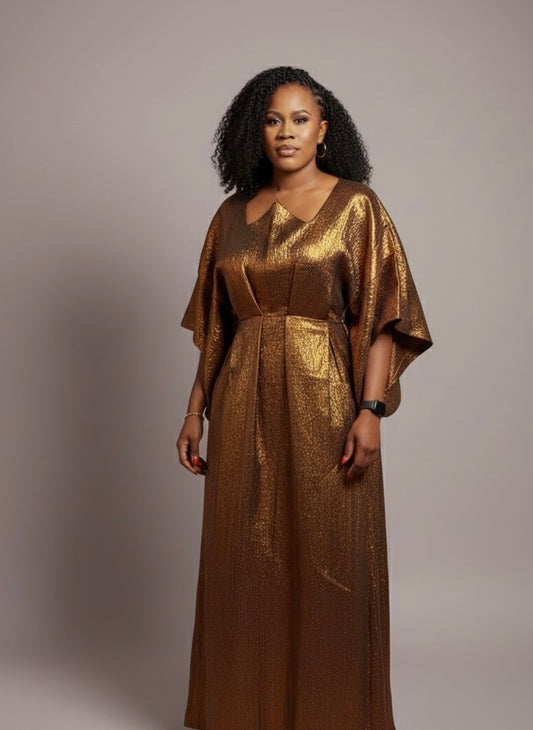 Boubou  Ensemble 3 Pièces Lemah – Robe Intérieure + Foulard | Élégance Africaine Luxe | Dore