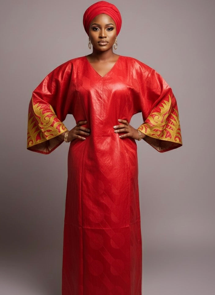 Boubou en Bazin Luxe – 3 pieces | Foulard + Jupe intérieure| Tissu Premium & Coupe Élegante  | Rouge | Lemah Collection