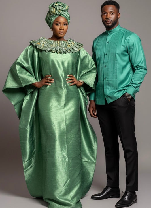 Boubou 3 Pièces Femme – Boubou + Robe Intérieure + Foulard | Brocade Luxe Lemah | Vert