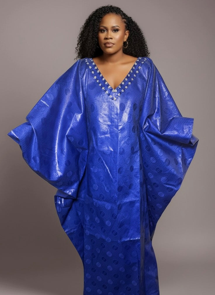 Boubou en Bazin Luxe – 3 pieces | Foulard+ Jupe Interieure|Tissu Premium & Coupe Élegante | Bleu | Lemah Collection