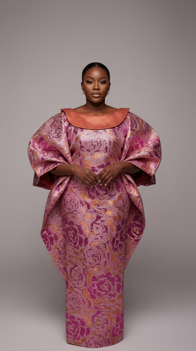 3-Piece Women's Boubou Set – Boubou + Inner Dress + Scarf | Luxury Brocade Lemah | Rose Orange