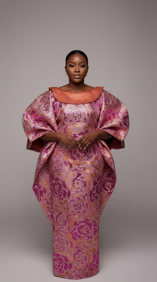 Boubou 3 Pièces Femme – Boubou + Robe Intérieure + Foulard | Brocade Luxe Lemah | Rose Orange