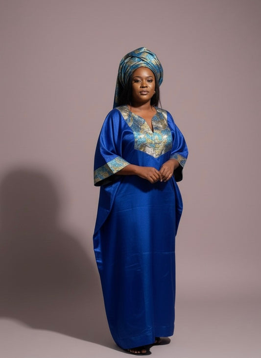 Boubou 3 Pièces Femme – Boubou + Robe Intérieure + Foulard | Brocade Luxe Lemah | Bleu