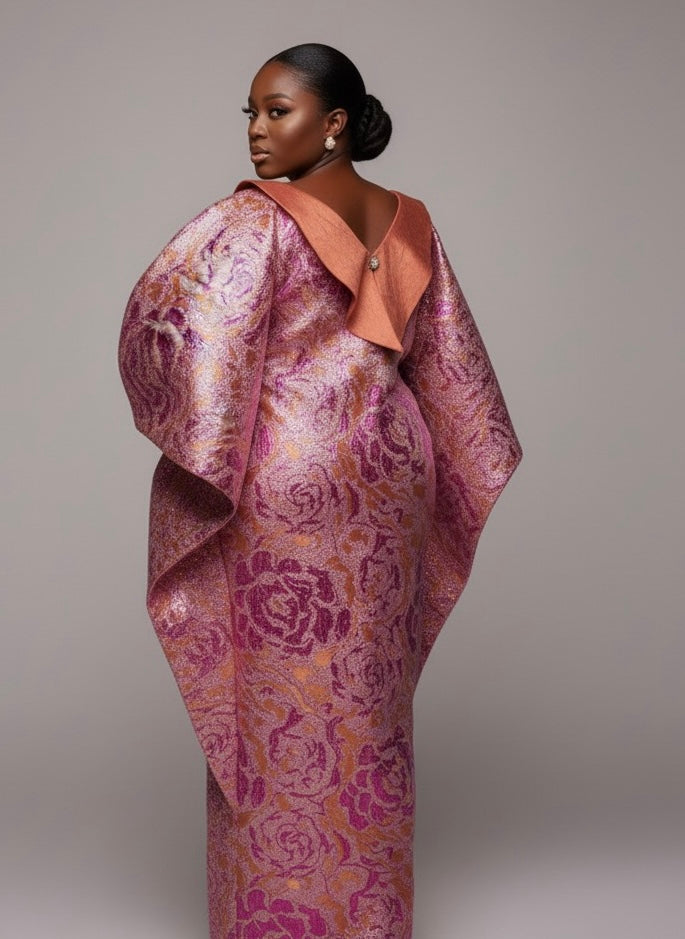 3-Piece Women's Boubou Set – Boubou + Inner Dress + Scarf | Luxury Brocade Lemah | Rose Orange