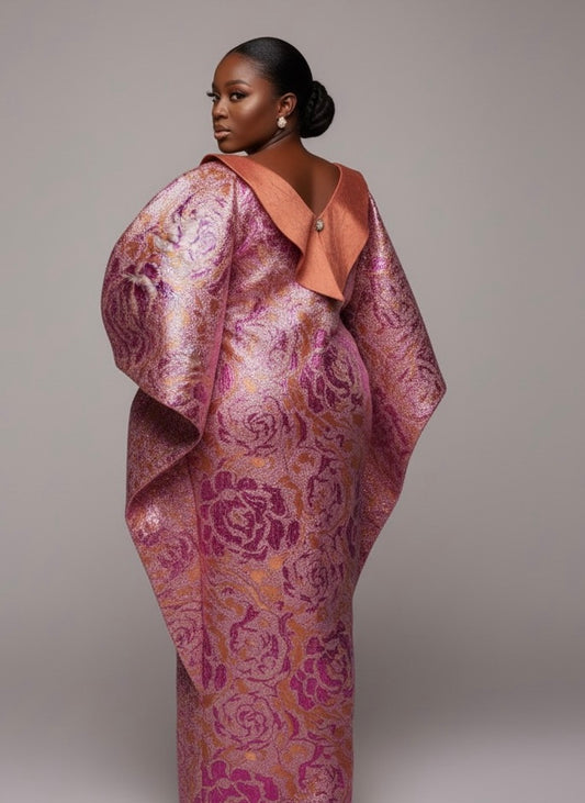 Boubou 3 Pièces Femme – Boubou + Robe Intérieure + Foulard | Brocade Luxe Lemah | Rose Orange