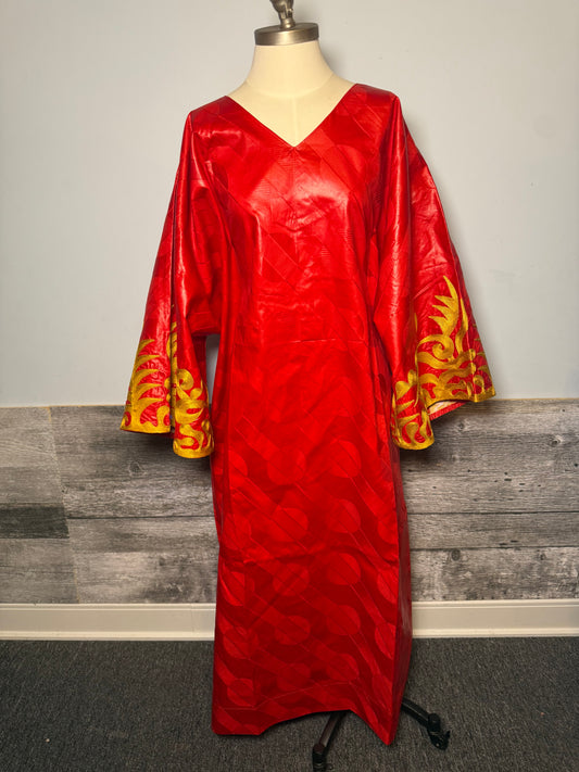 Boubou en Bazin Luxe – 3 pieces | Foulard + Jupe intérieure| Tissu Premium & Coupe Élegante  | Rouge | Lemah Collection