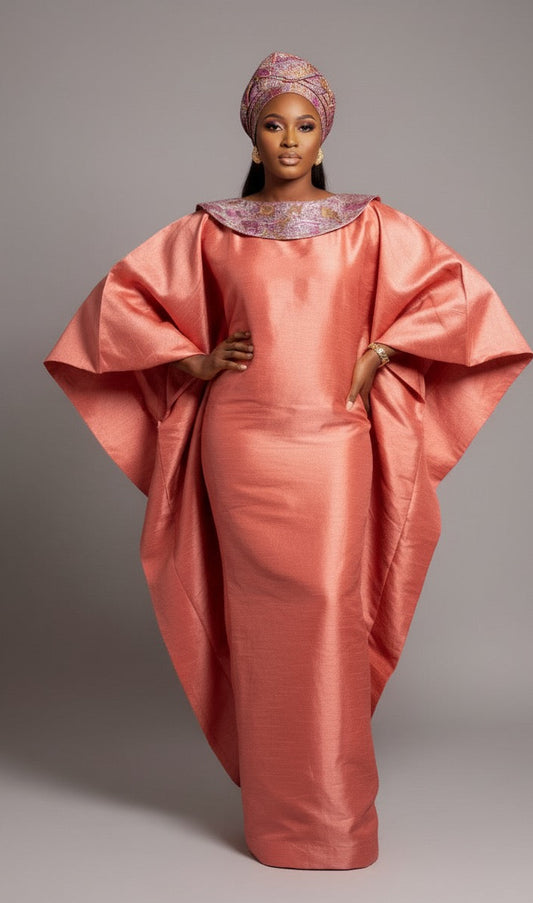 Boubou 3 Pièces Femme – Boubou + Robe Intérieure + Foulard | Brocade Luxe Lemah | Saumon Floral