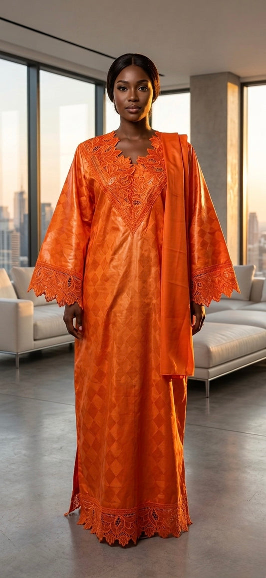 Boubou Ambre en Bazin Orange & Dentelle Luxueuse – 3 Pièces – Taille Unique Ajustable - Lemah Canada