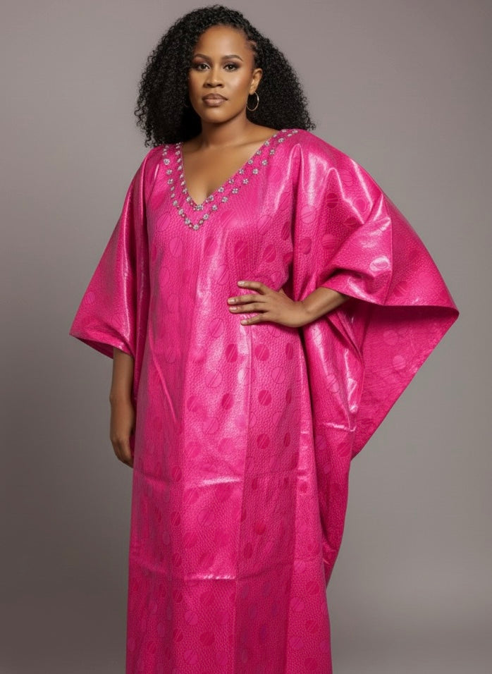 Boubou en Bazin Luxe – 3 pieces | Foulard + Jupe intérieure| Tissu Premium & Coupe Élegante  | Fuschia | Lemah Collection