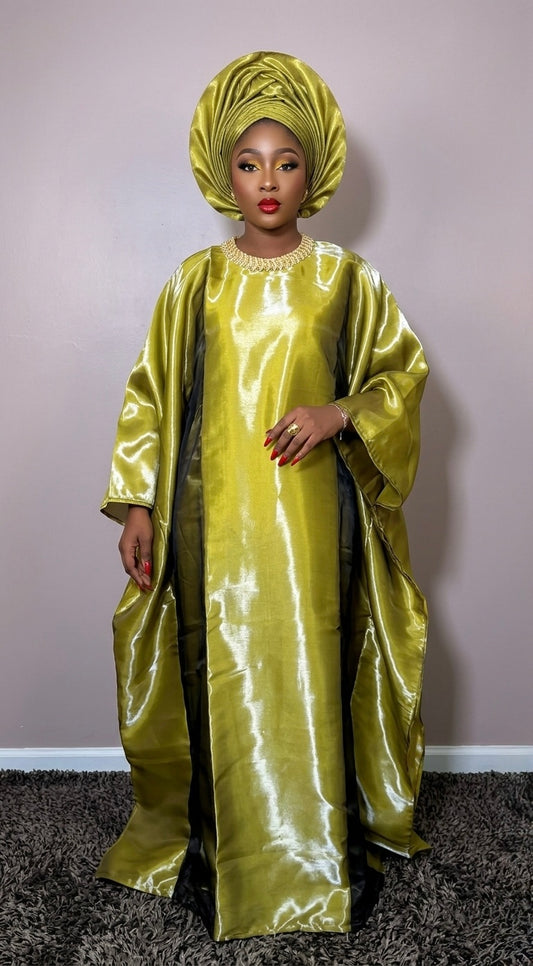 Boubou AZARIA Vert Olive en Organza  – 3 Pièces Afro Élégance | LEMAH