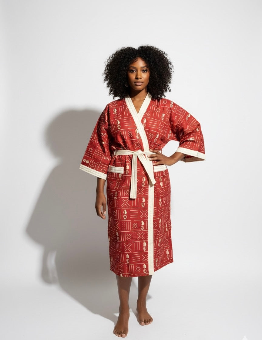 Peignoir mixte Lemah – Rouge & Beige (peignoir & pantoufles)