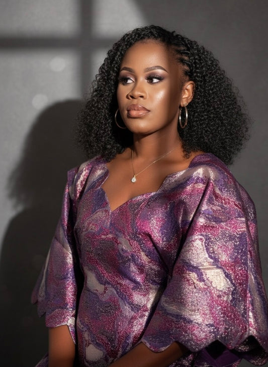 Boubou  Ensemble 3 Pièces Lemah – Jupe Intérieure + Foulard | Élégance Africaine Luxe | Violet Gris