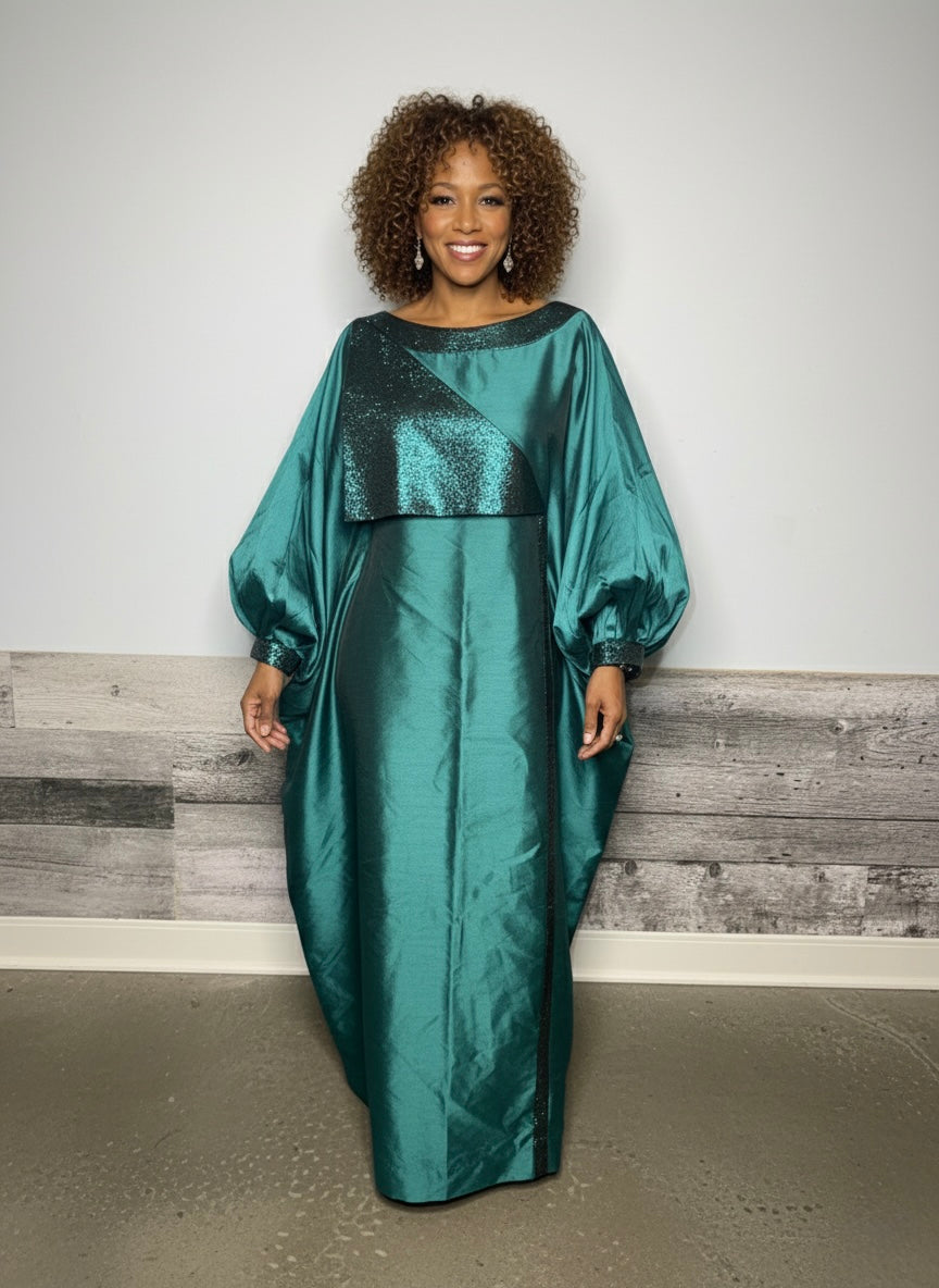 Boubou 3 Pièces Femme – Boubou + Robe Intérieure + Foulard | Brocade | Vert| Lemah Canada