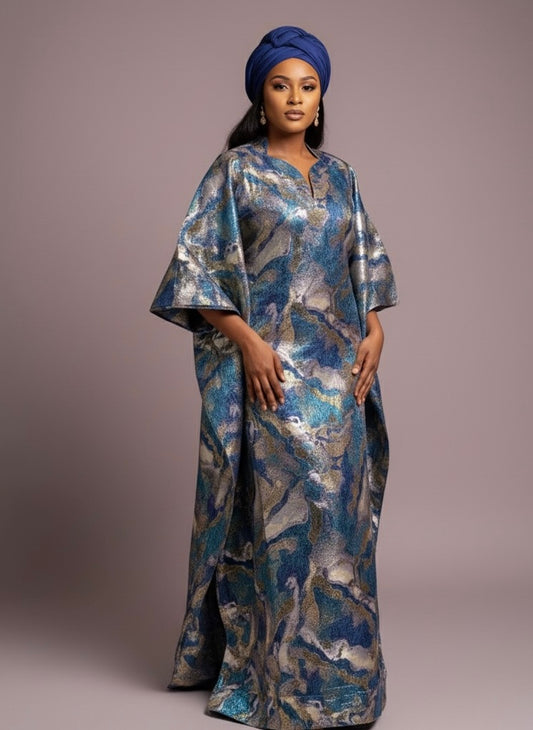 Boubou 3 Pièces Femme – Boubou + Robe Intérieure + Foulard | Brocade Luxe Lemah | Bleu Floral
