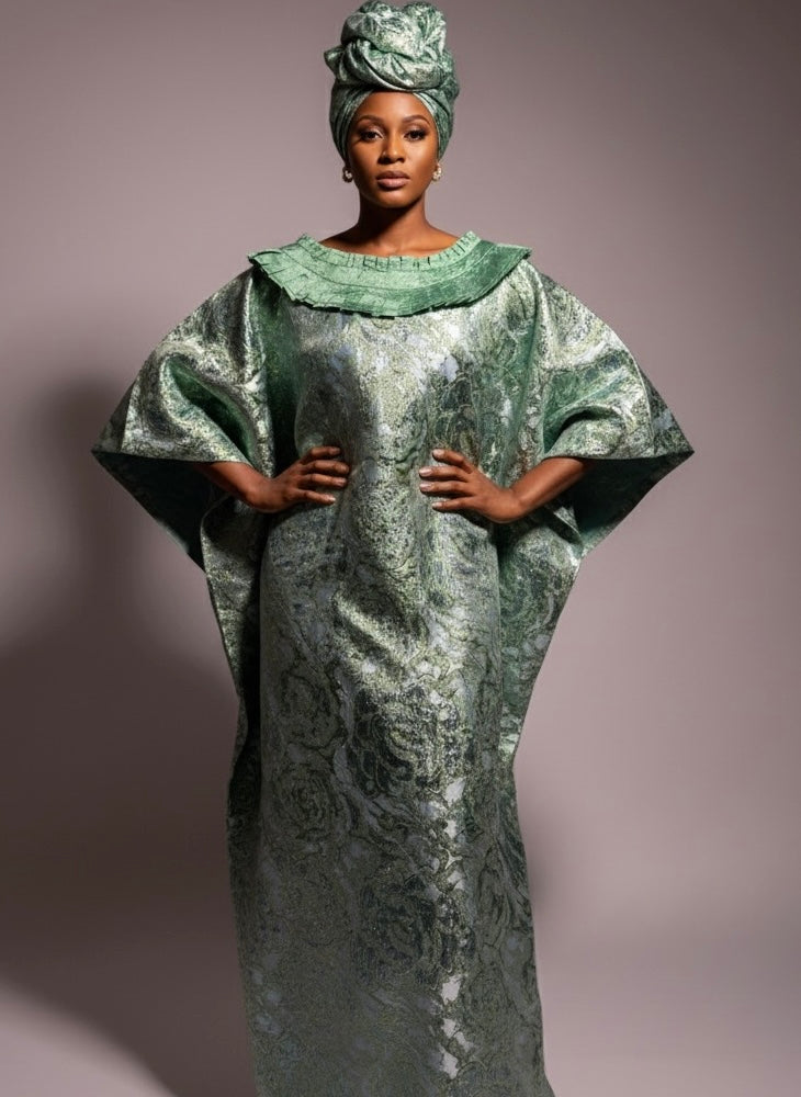 3-Piece Women's Boubou Set – Boubou + Inner Skirt + Scarf | Luxury Brocade Lemah | Floral Green