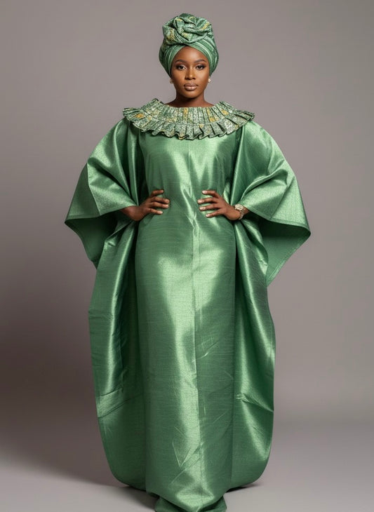 Boubou 3 Pièces Femme – Boubou + Robe Intérieure + Foulard | Brocade Luxe Lemah | Vert