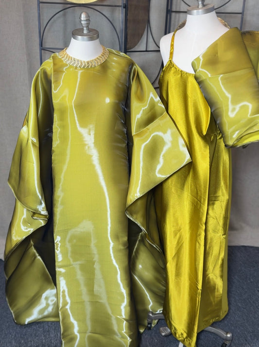 Boubou AZARIA Vert Olive en Organza  – 3 Pièces Afro Élégance | LEMAH