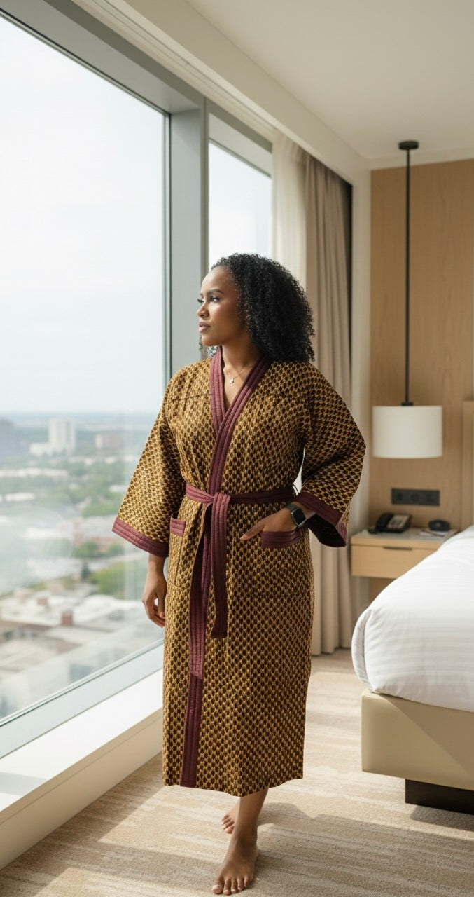 Peignoir & Pantoufles - jaune & Bourdeau- mixte - Lemah Canada