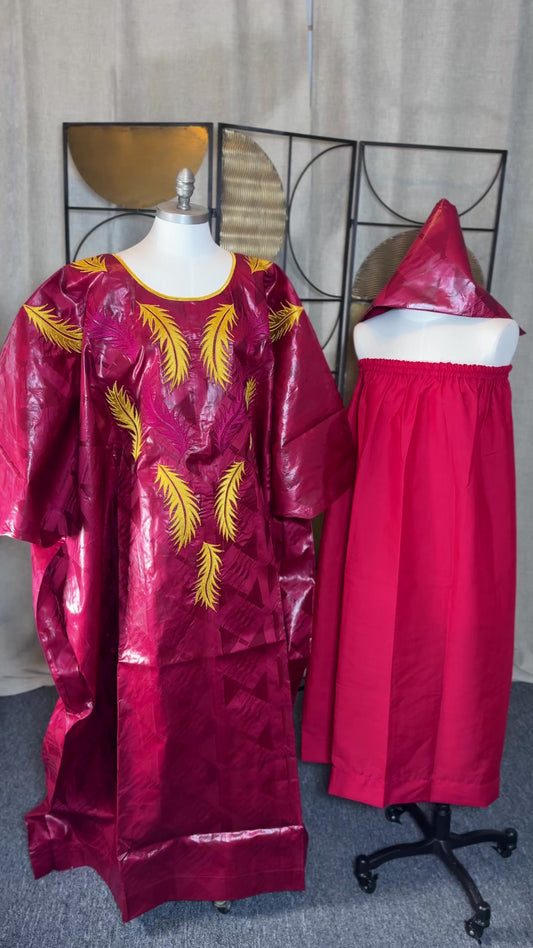 Boubou Samira  | Bordeau / rouge vin Bazin Riche | 3 pieces | Lemah Canada