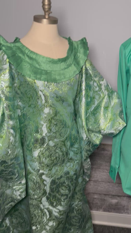 Boubou 3 Pièces Femme – Boubou + Jupe Intérieure + Foulard | Brocade Luxe Lemah | Vert Floral